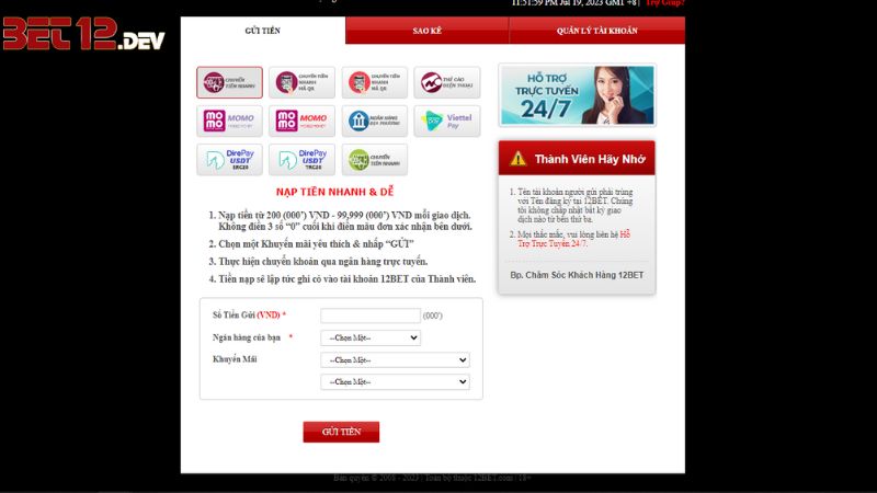 Nạp tiền vào 12bet bằng chuyển khoản nhanh Nạp tiền vào 12bet bằng chuyển khoản nhanh
